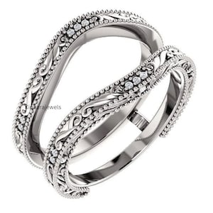 Wedding Enhancer Wrap Band Art Deco Milgrain Open Guard Engagement Ring Lab Diamond Antique Band Jacket 10K White Gold Ring Spacers
