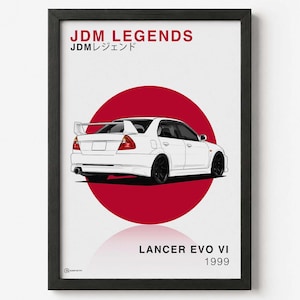 Peut inclure: Une affiche encadrée représentant une illustration de voiture Lancer Evo VI blanche de 1999 centrée sur un grand cercle rouge. Le texte JDM LEGENDS et JDMレジェンド figure en haut, avec LANCER EVO VI 1999 imprimé en bas sur fond blanc.