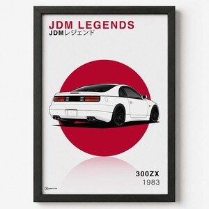 Könnte beinhalten: Ein gerahmtes Poster mit einer Illustration eines weißen 300ZX-Sportwagens, zentriert über einem großen roten Kreis. Der Text JDM LEGENDS und JDMレジェンド steht oben, während 300ZX 1983 unten rechts auf weißem Hintergrund gedruckt ist.