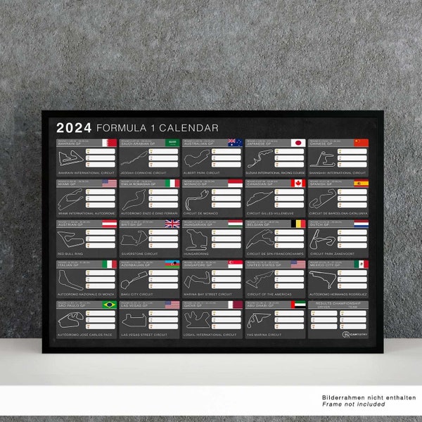 Formel 1 Saison 2024 Kalender | Rennstrecken Poster | Formel 1 WM Rennkalender | Motorsport Poster | Geschenk Mann | Geschenk Autoliebhaber