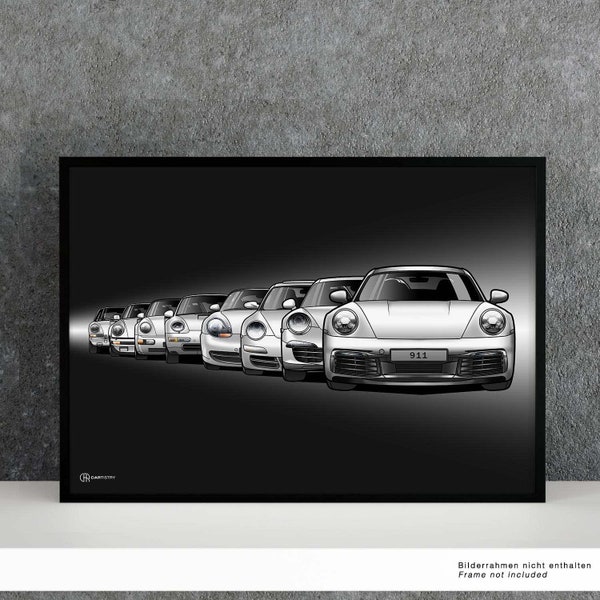 Affiche des générations 911 | Affiche 911 | Affiche de voiture | Homme cadeau | Amateur de voitures cadeaux | Format paysage sombre