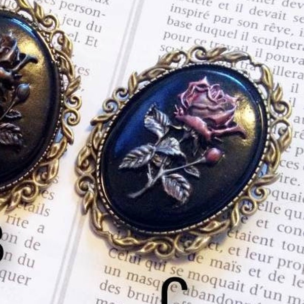 Broche pins vintage camee cameo rose victorien , fleur victorienne , retro, médaillon