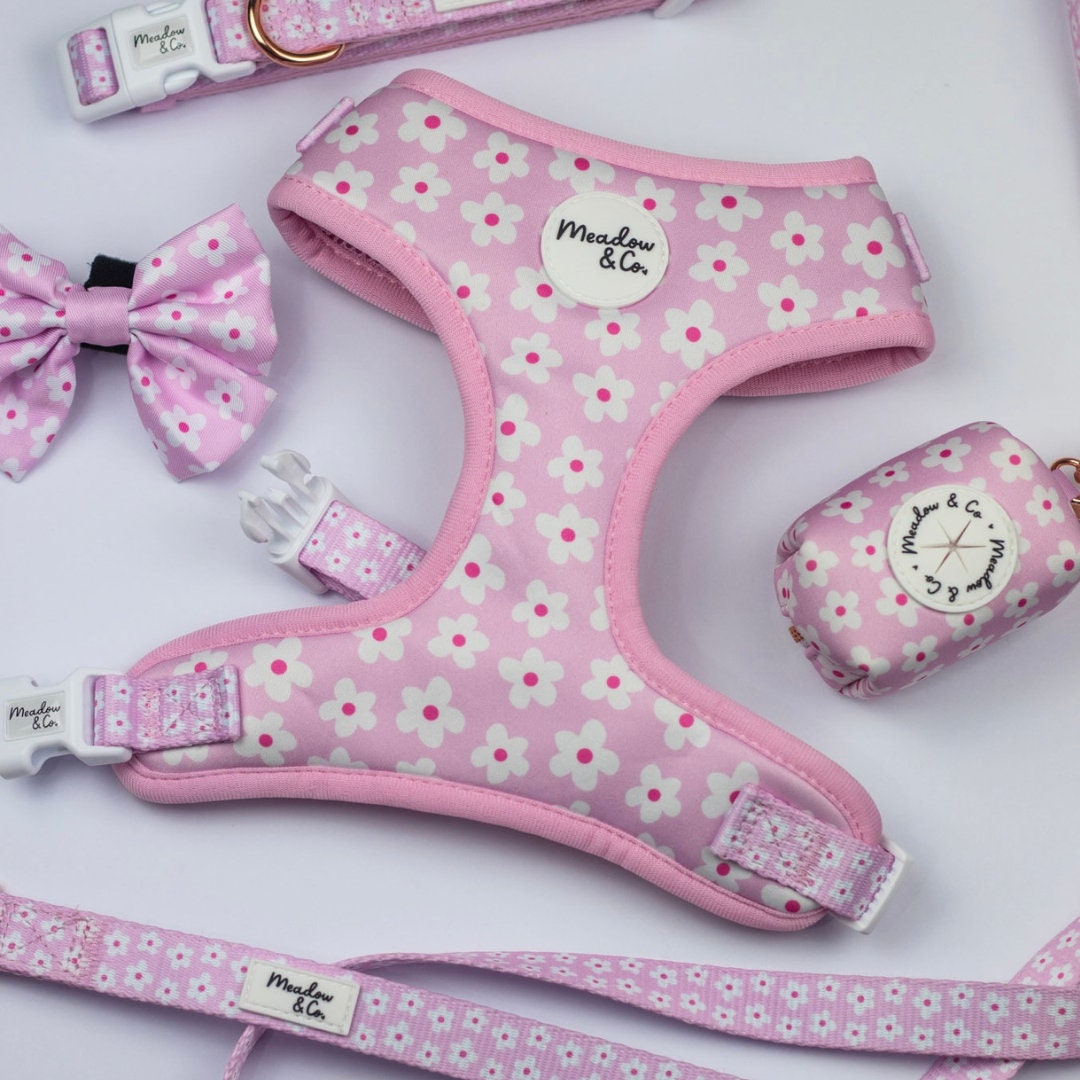 Floral Dog Harness or Puppy Harness Cute Adjustable Mesh Harness Pink