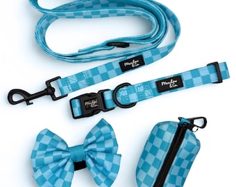 Blue Checkerboard Dog Collar Set - Matching Lead & Poop Bag Holder