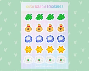 Cute Island Treasures Sticker Sheet | Animal Crossing | Fossil | Leaf | Konpeito Star | Bell Bag | Roost Coffee | Stickers | Stationery