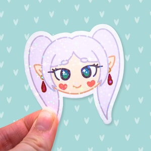 autocollant holographique Frieren | Mignon | Kawaii | Chibi | Cadeau | Animés | Fribourg | Au-delà de la fin du voyage | Papeterie | Mage | Elfe | Fantaisie