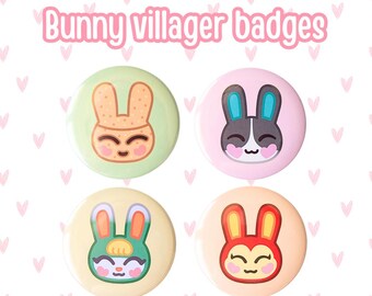 Bunny Villager Buttons | Sasha | Coco | Dotty | Bunnie | Animal Crossing | ACNH | Cute | Kawaii | Pins | Accessories