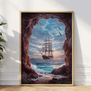 Arte mural de velero / Acuarela de atardecer en el océano / Impresión digital con vista a una cueva náutica / Póster de aventura en el mar sereno / Descarga digital