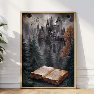 Gothic Schloss Wald Wand Kunst | Dark Academia Buch Illustration | Vintage Aquarellmalerei | Fantasy Geisterschloss | Wanddeko Poster