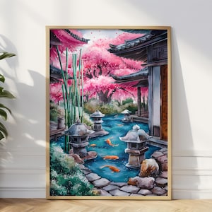 Zen Garten Wand Kunst | Kirschblüte Aquarell Gemälde | Poster mit Koi Fischen Ruhiger Japanischer Garten | Aquarell japanisches Dekor