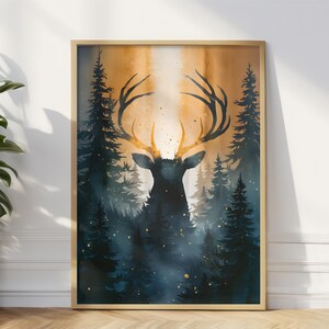 Vintage Hunting Wall Art | Forest Watercolor Painting | Mystical Stag with Golden Light | Nature-Inspired Artwork | Home Decor Poster