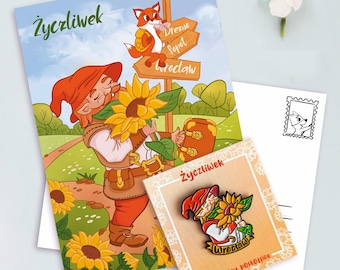 Enamel Pin + Postcard Wroclaw Dwarf Wellwisher | przypinka wroclawski krasnal życzliwek