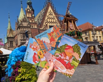 Conjunto de cartões postais de verão com anões de Wroclaw (Pocztowki z krasnalami z Wroclawiu) Cartões postais de Breslaw Kartki Gnome