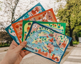 Conjunto de 4 cartões postais de mapa de Wroclaw Mapa colorido de Wroclaw Citymap