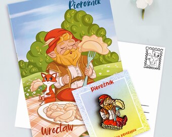 Enamel Pin + Postcard Wroclaw Dwarf with dumpling | przypinka wroclawski krasnal Pierożnik