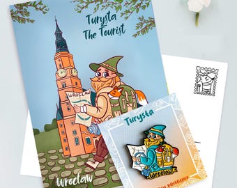Enamel Pin + Postcard Wroclaw Dwarf Tourist | przypinka wroclawski krasnal Tyrysta