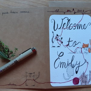 Faire-part naissance chat - aquarelle - fait main - modèle unique