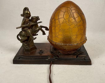 Antique Art Deco Brass Knight Lamp, Crackled Amber Glass Globe