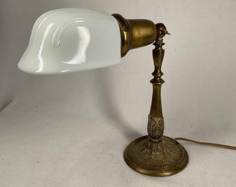 Vintage Cast Brass Bankers Desk Lamp with White Milk Glass Shade Antique Reading Lamp