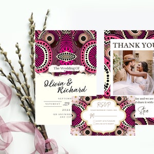 Luxus-nigerianische Hochzeitseinladungs-Paket | antworte bitte Danke-Karte | Afrikanische Hochzeit einladen | Ankara Druck | Canva Download bearbeitbare Vorlage