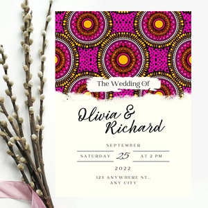Modello di invito di nozze africano minimalista / Inviti di nozze estetici Save the Dates / Invito di nozze nigeriano / Tema africano Ankara