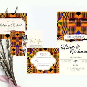 Ghanaische Hochzeitseinladungs-Bundle | Save the Date | Antwortkarten | Danke-Karte | Kente Druck | Afrikanische Hochzeit einladen Vorlage | Canva Vorlage
