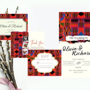Elegante pacchetto di inviti per matrimonio africano / Save the Date / RSVP / Biglietto di ringraziamento / Stampa Ankara / Modello modificabile Canva Download immediato