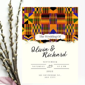 Modello di invito per matrimonio moderno ghanese / Inviti per matrimonio africani eleganti / Canva modificabile / Invito per matrimonio Kente / Invito fai da te