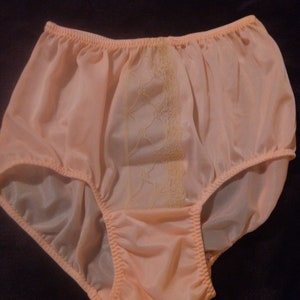 May include: Peach-colored nylon underwear with a lace trim. The underwear has a high waist and a full-coverage back.