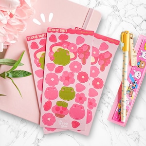 Sakura Cherry Blossom Frog / Kawaii Cute Journal Planner Toploader Sticker Sheet / Cottage Soft Core Aesthetic Notebook Scrapbook Stickers