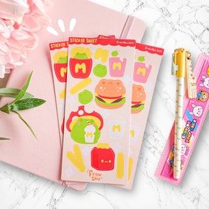Burger Chips Milkshake Frog / Kawaii Cute Journal Planner Toploader Sticker Sheet / Cottage Soft Core Aesthetic Notebook Scrapbook Stickers