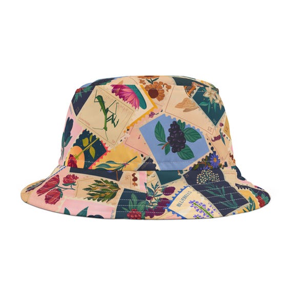 90s Vintage Post Stamp Floral Bucket Hat, Coquette Quirky Spring