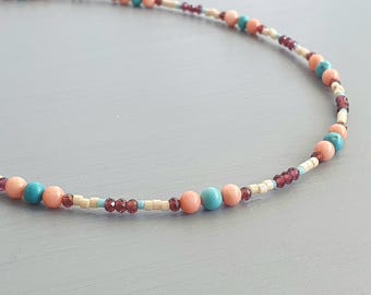 Fine choker necklace in colorful natural stones - blue howlite, pink coral, garnet - Miyuki necklace and stones //SORAYA//