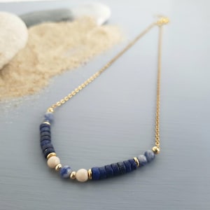 Fine lapis lazuli and sodalite necklace, stainless steel chain necklace with gold and natural stones, blue and gold necklace, gift, //NILA//