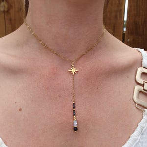 Star and pearl Y necklace - Gold stainless steel lasso necklace - Mother-of-pearl, black agate, miyuki - ECLYPSE