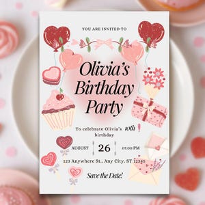 Pink Sweets Birthday Invitation Card - Cute Pastels Invitation Card na urodziny Twojego dziecka. Natychmiastowe pobranie - w pełni edytowalne.