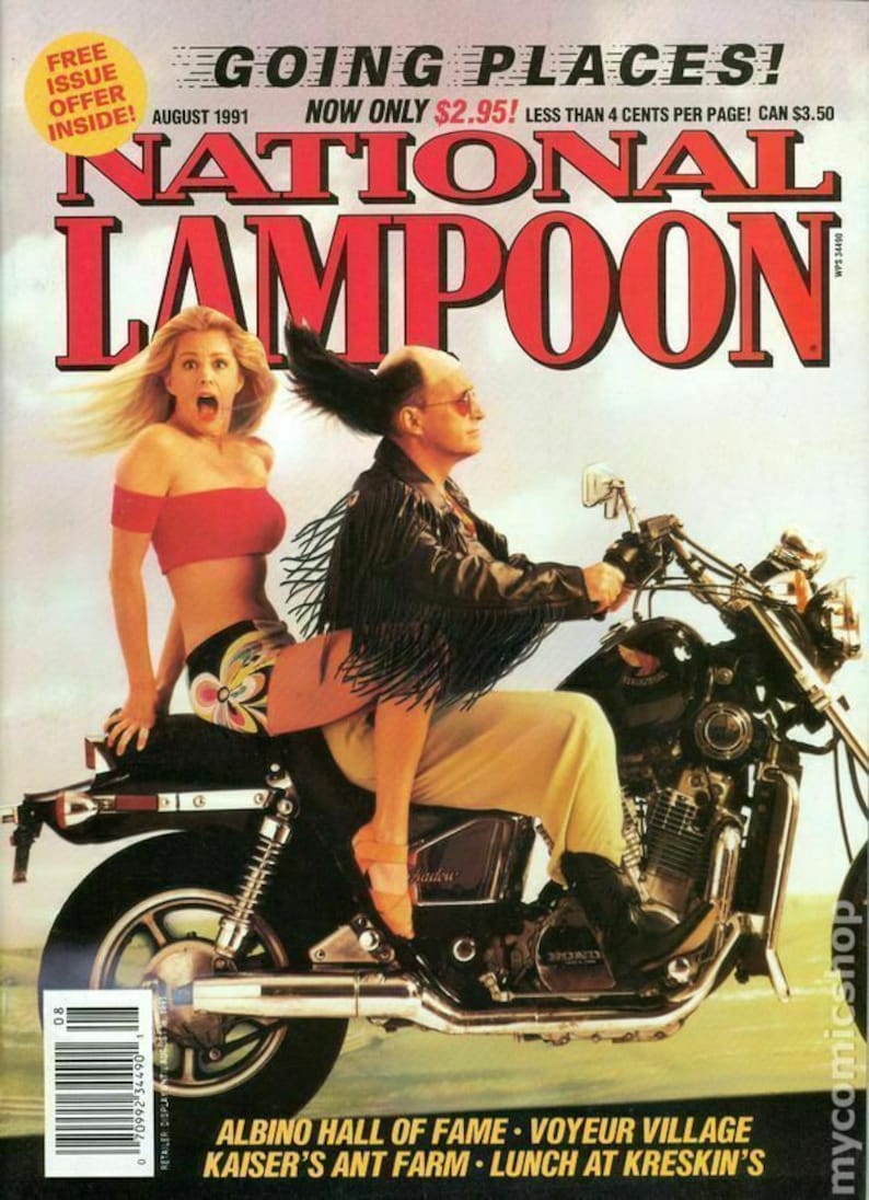 Puede incluir: Una portada de revista para la edici&oacute;n de agosto de 1991 de National Lampoon. La portada presenta a una mujer con un top rojo y pantalones florales montando en una motocicleta con un hombre que lleva una chaqueta de cuero. El texto de la portada de la revista dice "Going Places!" y "Now Only $2.95!"