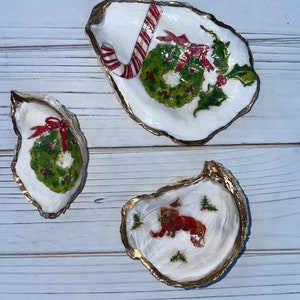Decoupaged oyster shell ornaments or trinket tray