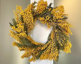 Couronne de fleurs séchées, mimosa, jaune