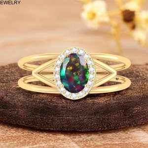 AAA Vintage Black Opal Wedding Ring, Natural Opal Ring Gift For Women, Fire Opal Jewelry, Gold Ring Black Opal Ring, Bridal Ring, Multi Opal