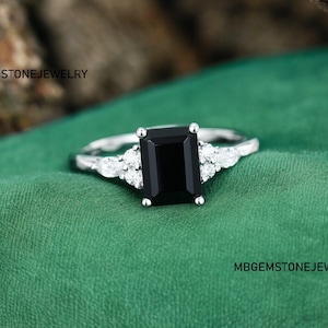 Unique Emerald Cut Black Onyx Engagement Ring, Wedding Ring Antique Anniversary Gift For Women, Art deco diamond wedding Ring, black Jewelry