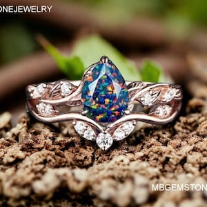 AAA Grade Black Fire Opal Ring Set For Woman, Vintage Black Opal Ring, Moissanite Dimond Ring, Minimalist Ring, Opal Jewelry Engagement Ring