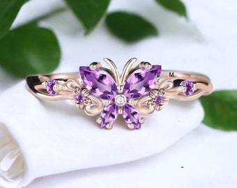 Natural Amethyst Engagement Ring, Vintage Marquise Antique Amethyst, Amethyst Diamond Ring, Amethyst Wedding Ring, Bridal Ring, Promise Ring