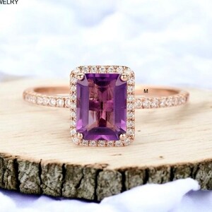 AAA Quality Natural Amethyst Emerald Cut Ring, Vintage Antique Amethyst Engagement Ring, Amethyst Diamond Ring, Art Deco Ring, Halo Ring