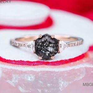 Hexagon Vintage Black Rutilated Quartz Engagement Ring, Solid Black Vintage Anniversary Ring, Halo Decor Ring, Bridal Ring For Women