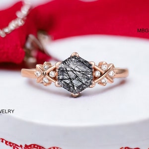 Hexagon Vintage Black Rutilated Quartz Engagement Ring, Moissanite Diamond Anniversary Ring, Halo Decor Ring, Bridal Ring For Women Jewelry