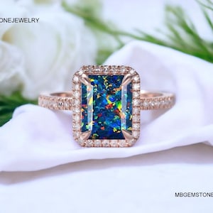 Emerald Cut Fire Opal Ring For Woman, Vintage Black Opal Ring, Minimalist Ring, Opal Jewelry, Black Opal October Birthstone, Engagement Ring