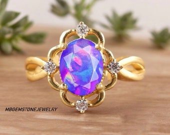 Anillo de ópalo azul etíope: Anillo Art Déco de plata de ley con baño de oro de 14 quilates