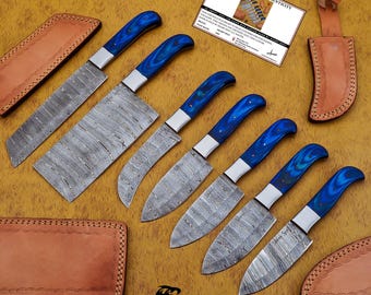 Handmade Damascus Steel Kitchen Knife Set, Pakka Wood Handle, Leather Sheath