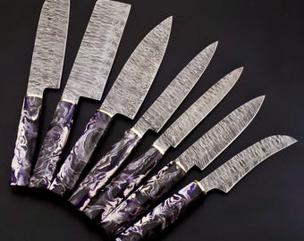 Handmade Damascus Steel Kitchen Knife Set, Resin Handle, Leather Sheath